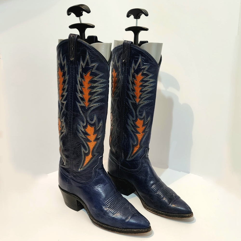 Vintage Dan Post Blue and Orange Western Cowboy Boots